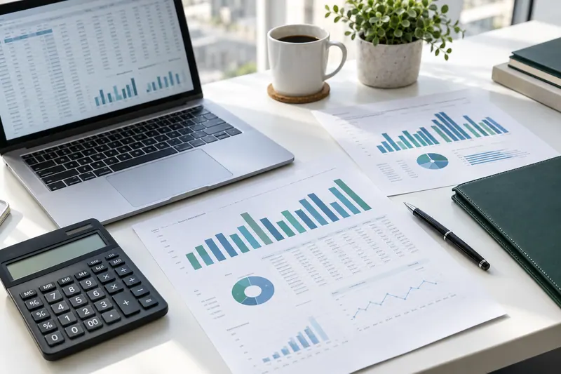Illustrative bookkeeping workspace with financial reports, a calculator and laptop