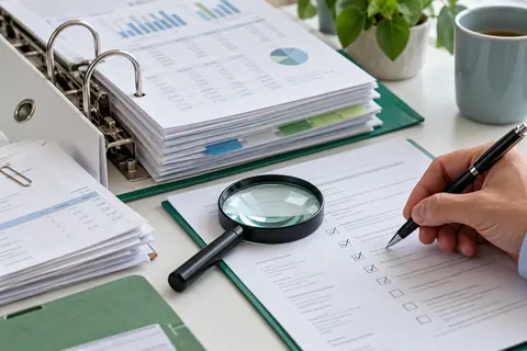 Illustrative audit review with indexed records, a checklist and magnifying glass