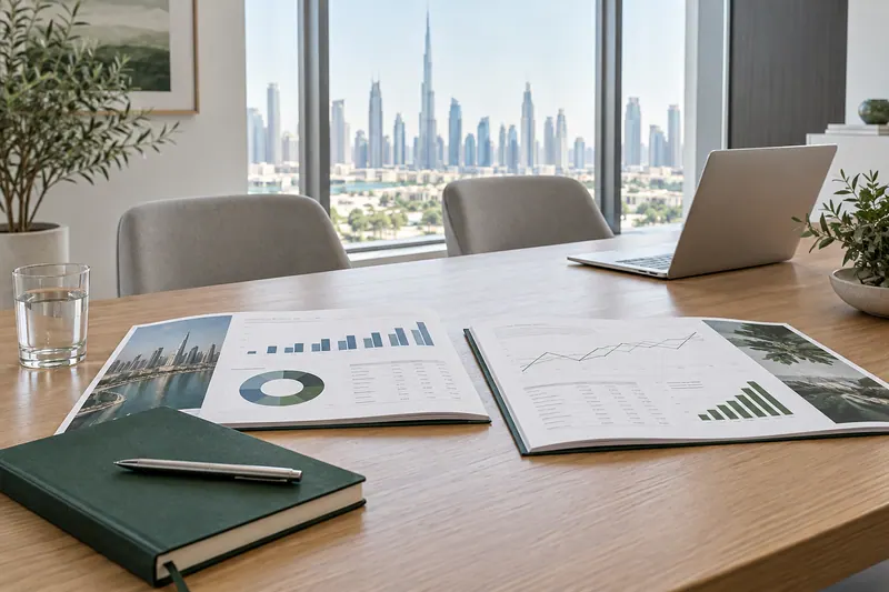 Illustrative meeting workspace with financial reports and planning materials