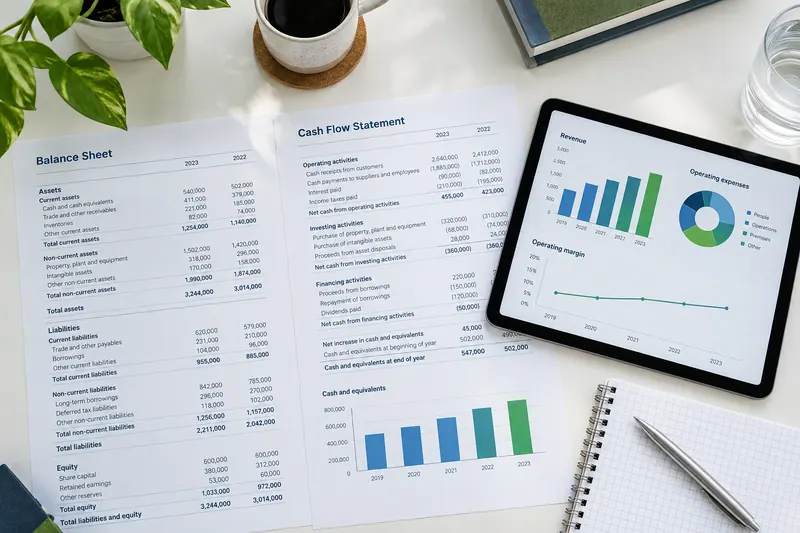 Illustrative financial reporting workspace with cash flow reports and a tablet dashboard