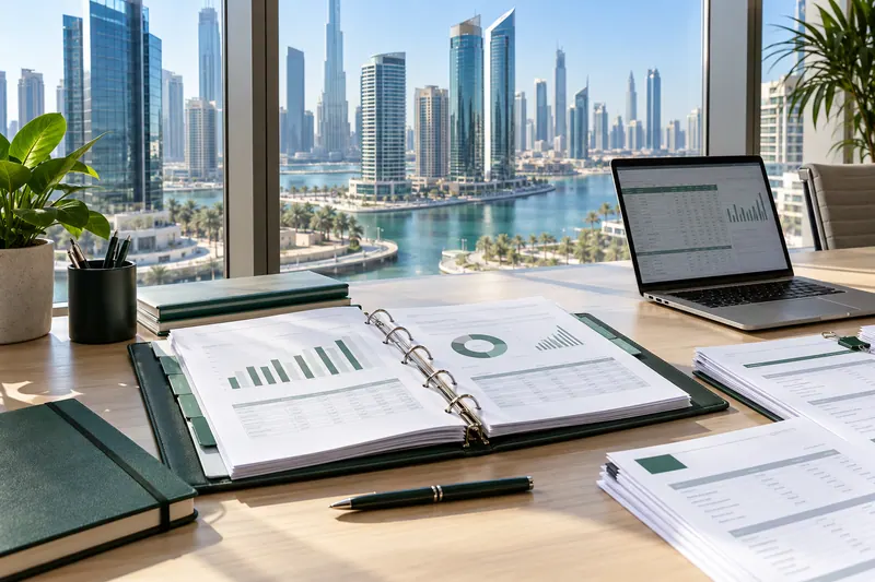 Illustrative free zone accounting review with financial records and a laptop overlooking Dubai business towers
