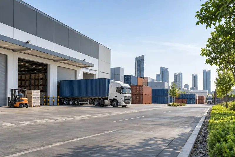 Illustration of a modern UAE logistics facility with warehouses and delivery operations