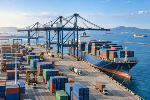 Illustration of international trade at a commercial container port
