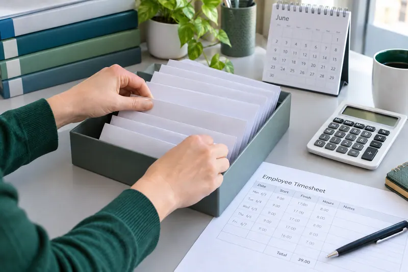 Illustrative payroll workflow with salary envelopes, a timesheet and calendar