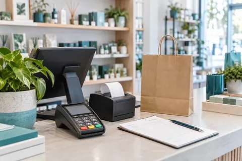 Illustrative retail checkout with a payment terminal, receipt printer and invoice pad