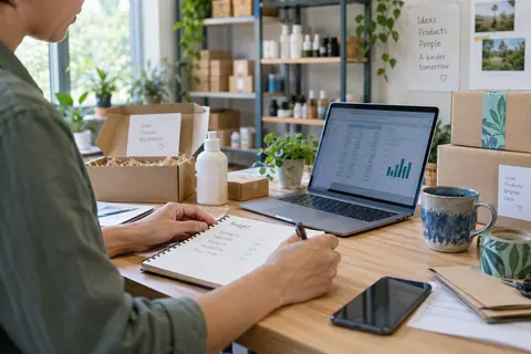 Illustrative small business workspace with a budget notebook and product packages
