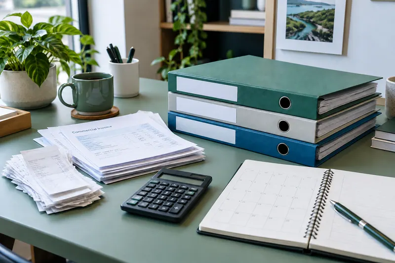 Illustrative tax record preparation with organized invoices, receipts and document folders